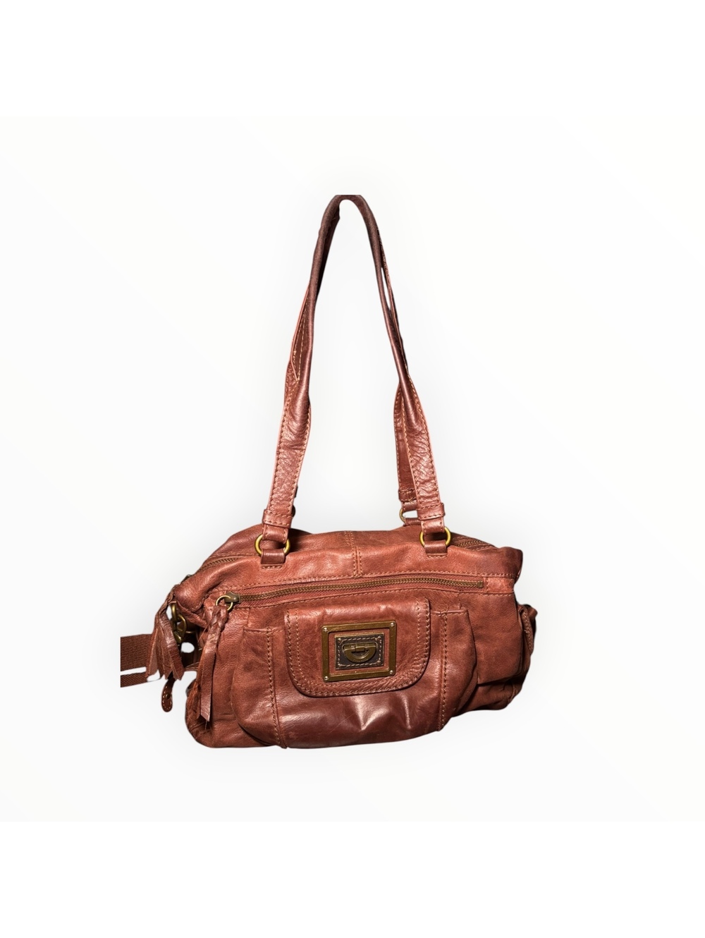 The Sak Brown AZ Leather Saddle Shoulder Bag Adjustable Crossbody Gold Strap GC